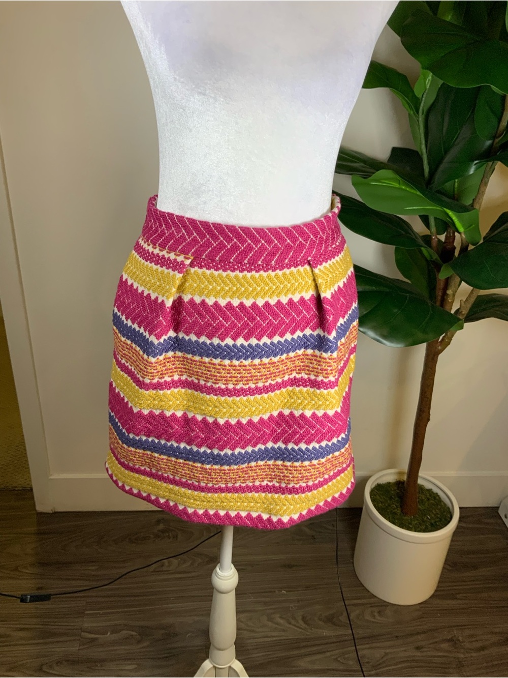 Nomad Pink Striped Tweed Mini Skirt with Yellow & Blue Accents